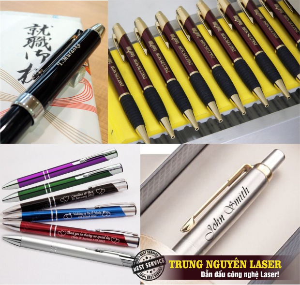 Khắc laser trên bút kim loại, khắc bút gỗ viết gỗ, khắc bút quảng cáo